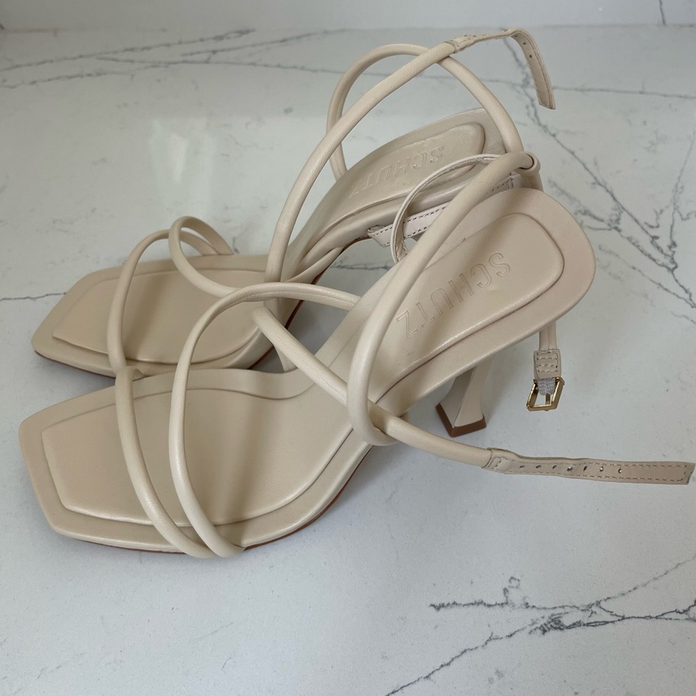 New! SCHUTZ Cream Strappy Heels (no box, branded storage bag included)